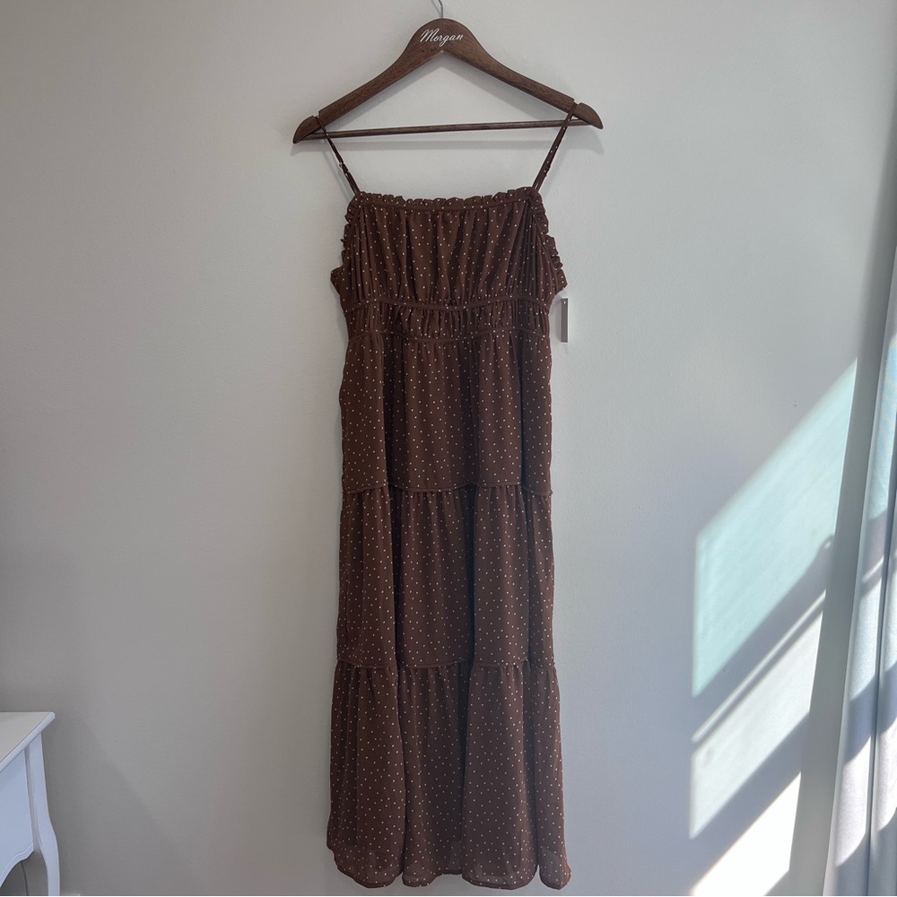 Madewell NWT Sophia Cami Tiered Midi Dress in Dot Brown Tie Back #NK473, Size 6 - Picture 4 of 16